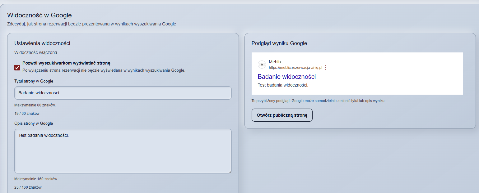Ustawienia widoczności publicznej strony rezerwacji w Google